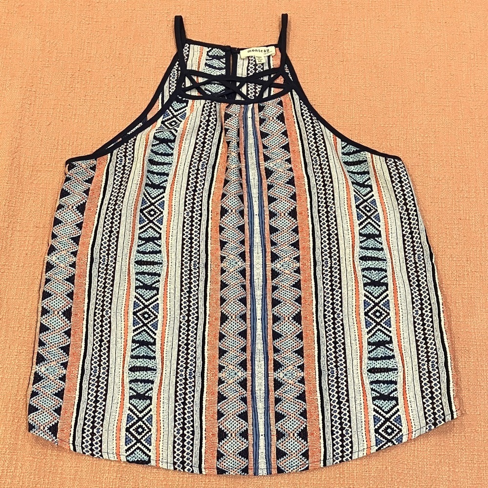 Medium Chic Striped blouse tank Top with Geometric Patterns